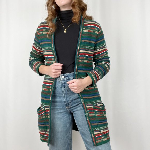 Vintage Sweaters - Stunning Vintage Coogi Style 3D Knit Cardigan Grandpa Sweater Long Duster Jacket
